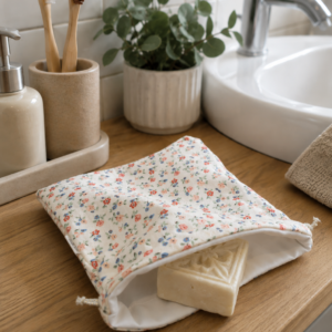 Pochette à solides imperméable en gaze de coton motifs fleuris beige.